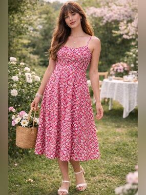 Liberty Of London Ditsy Floral Sun Dress Midi Pink Size 10 Cottagecore Cotton